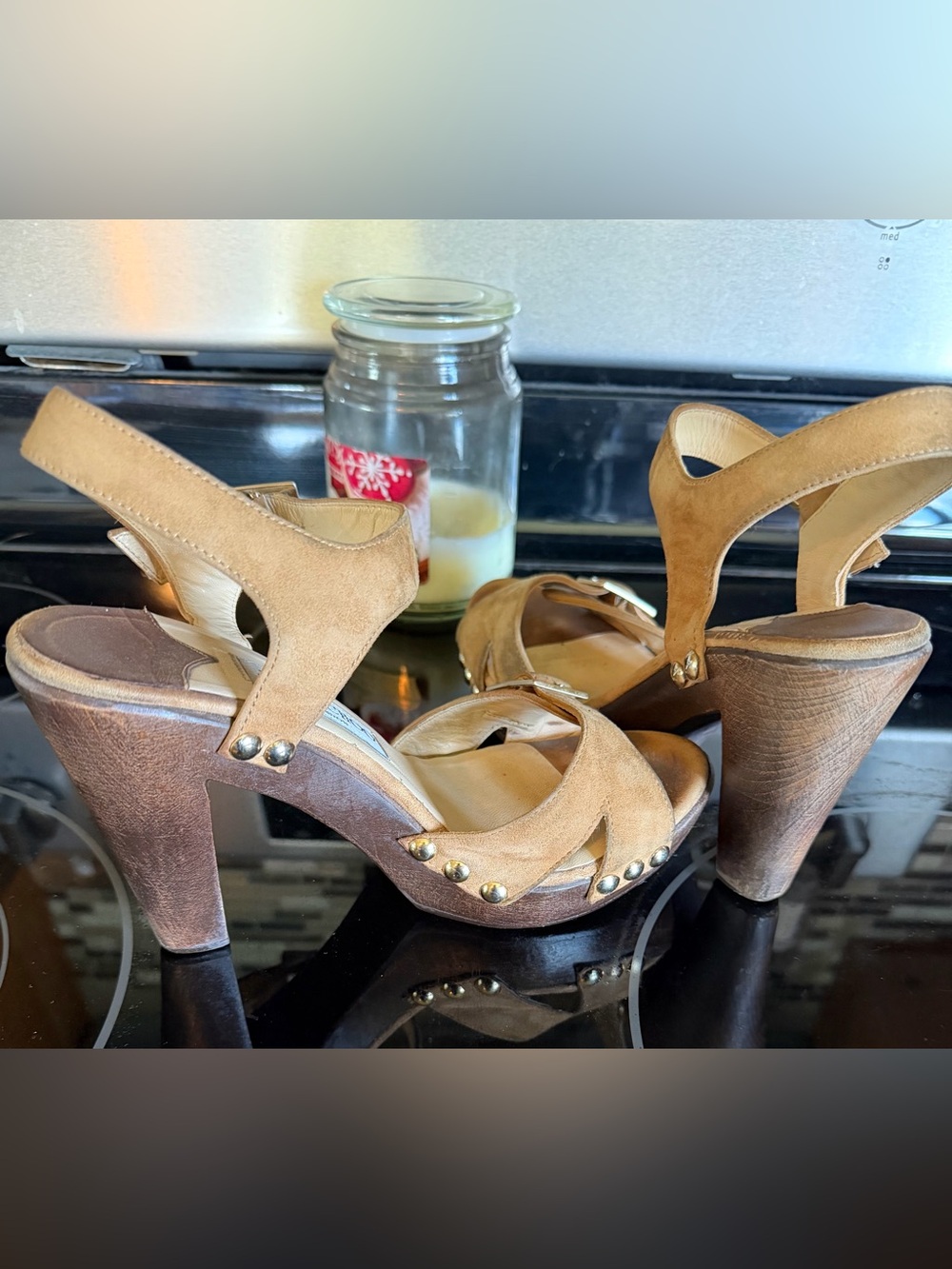 Jimmy Choo Tan Suede Buckle Platform Wooden Sandals - Picture 3 of 6